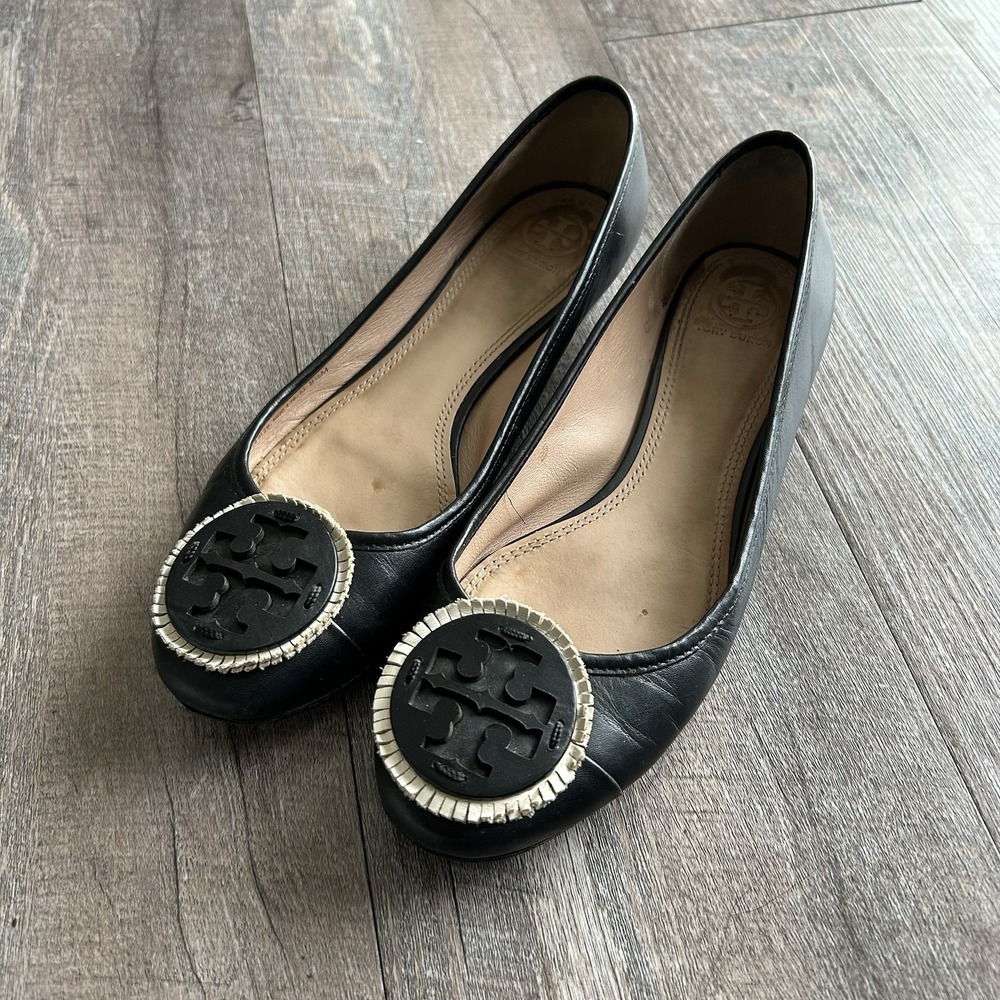TORY BURCH Black Chelsea Leather Ballet Flats Shoes Womens Sz 8.5M